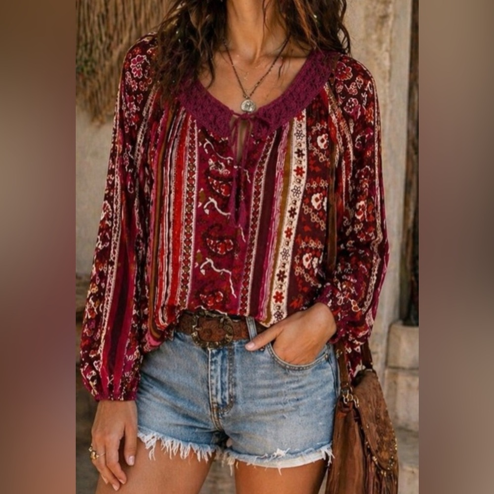 Lucky Brand Boho Peasant Top NWT Embroidered Stripe Cotton Medium